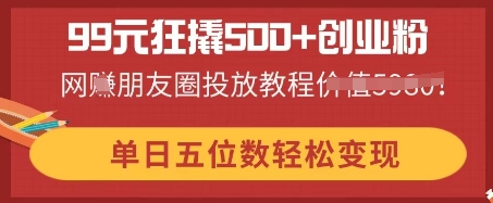 99元狂撬500+创业粉，单日五位数轻松变现，网创朋友圈投放教程-学小盏